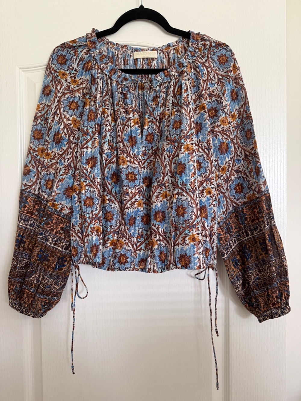 Ulla Johnson Blue and Brown Floral Smocked Peasant Blouse